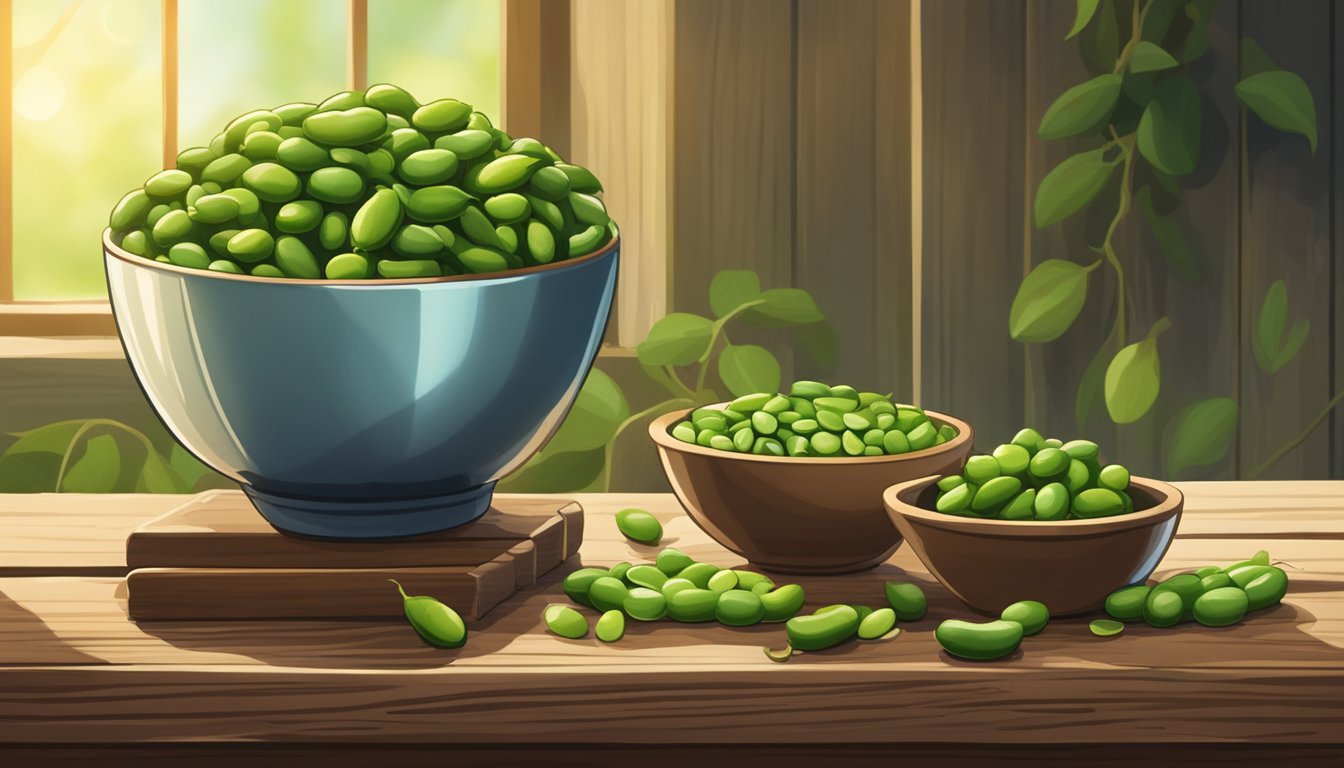 A bowl of fresh edamame sits on a rustic wooden table, surrounded by vibrant green soybean pods. The sunlight streams in, highlighting the natural colors and textures