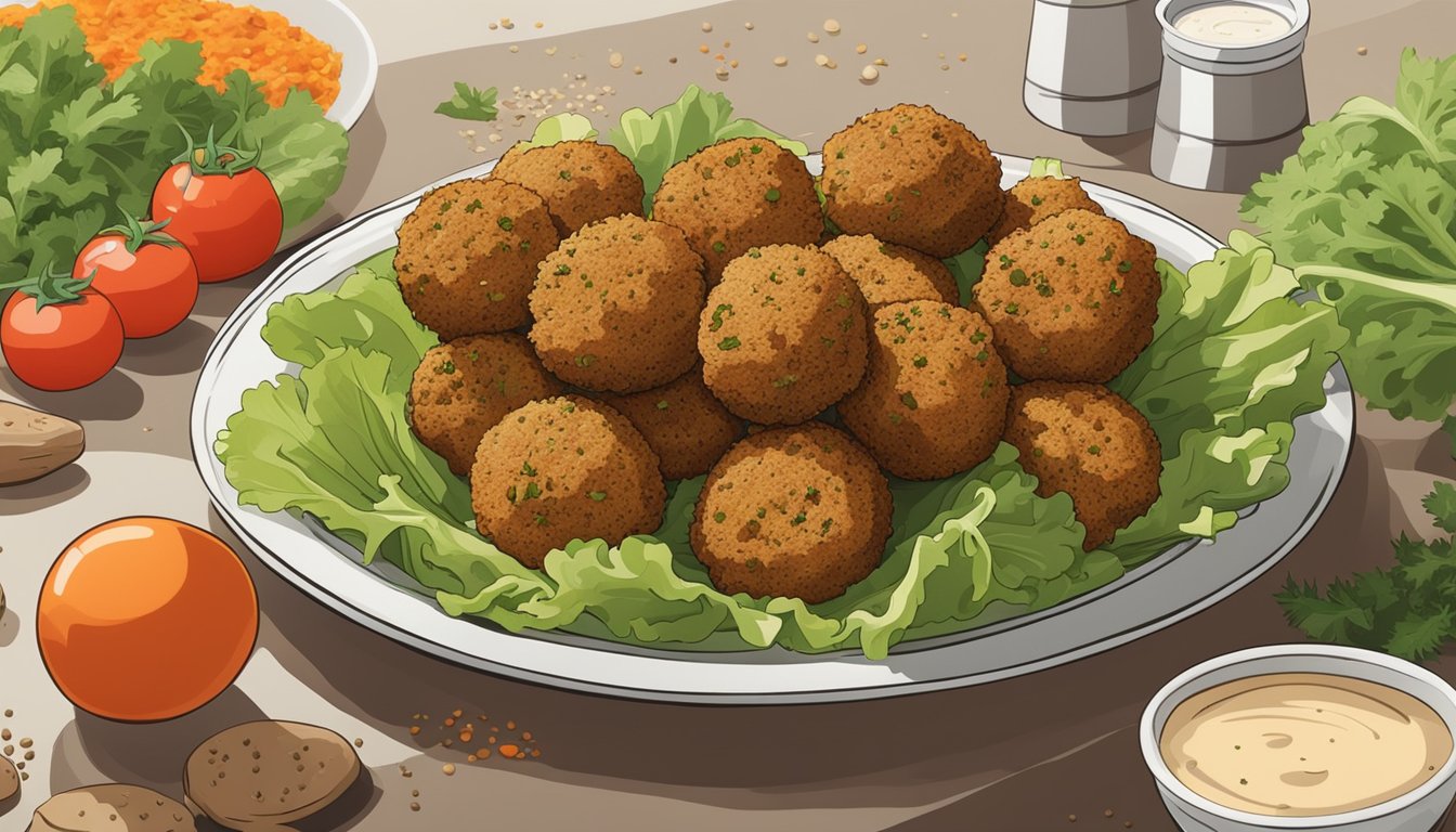 A plate of freshly made falafel sits on a bed of lettuce and tomatoes, surrounded by vibrant herbs and spices. A container of tahini sauce is nearby, ready to be drizzled over the crispy falafel balls