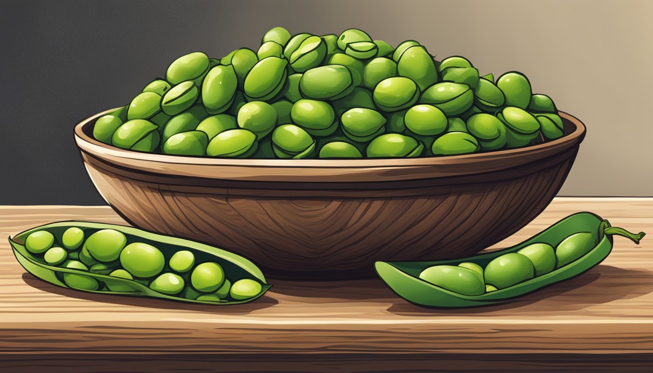 A bowl of edamame sits on a wooden shelf, surrounded by other dry goods. The edamame is fresh and vibrant, with the pods still intact