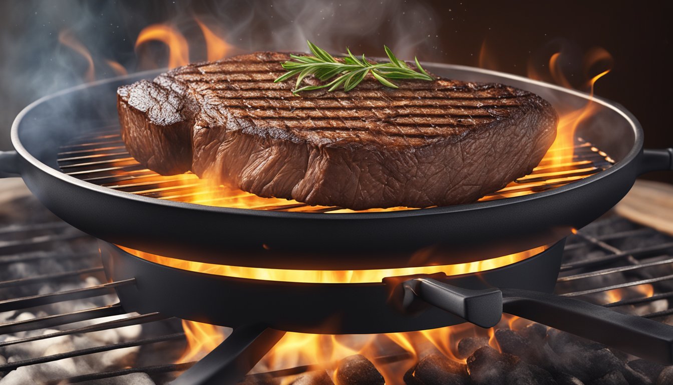 A sizzling Evol Fire Grilled Steak on a hot grill, surrounded by flames and smoke