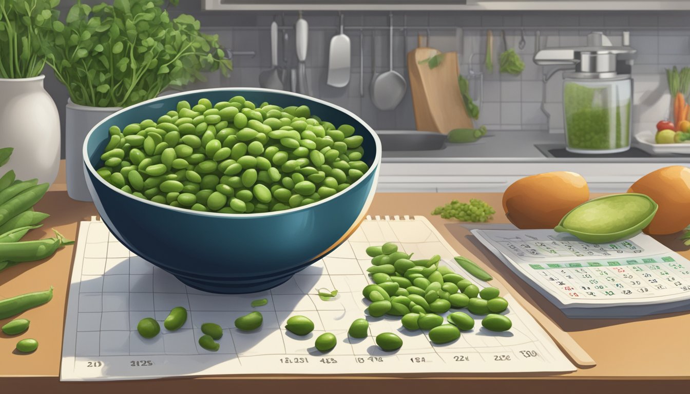 A bowl of edamame sits on a kitchen counter, surrounded by fresh vegetables and a calendar showing the current date