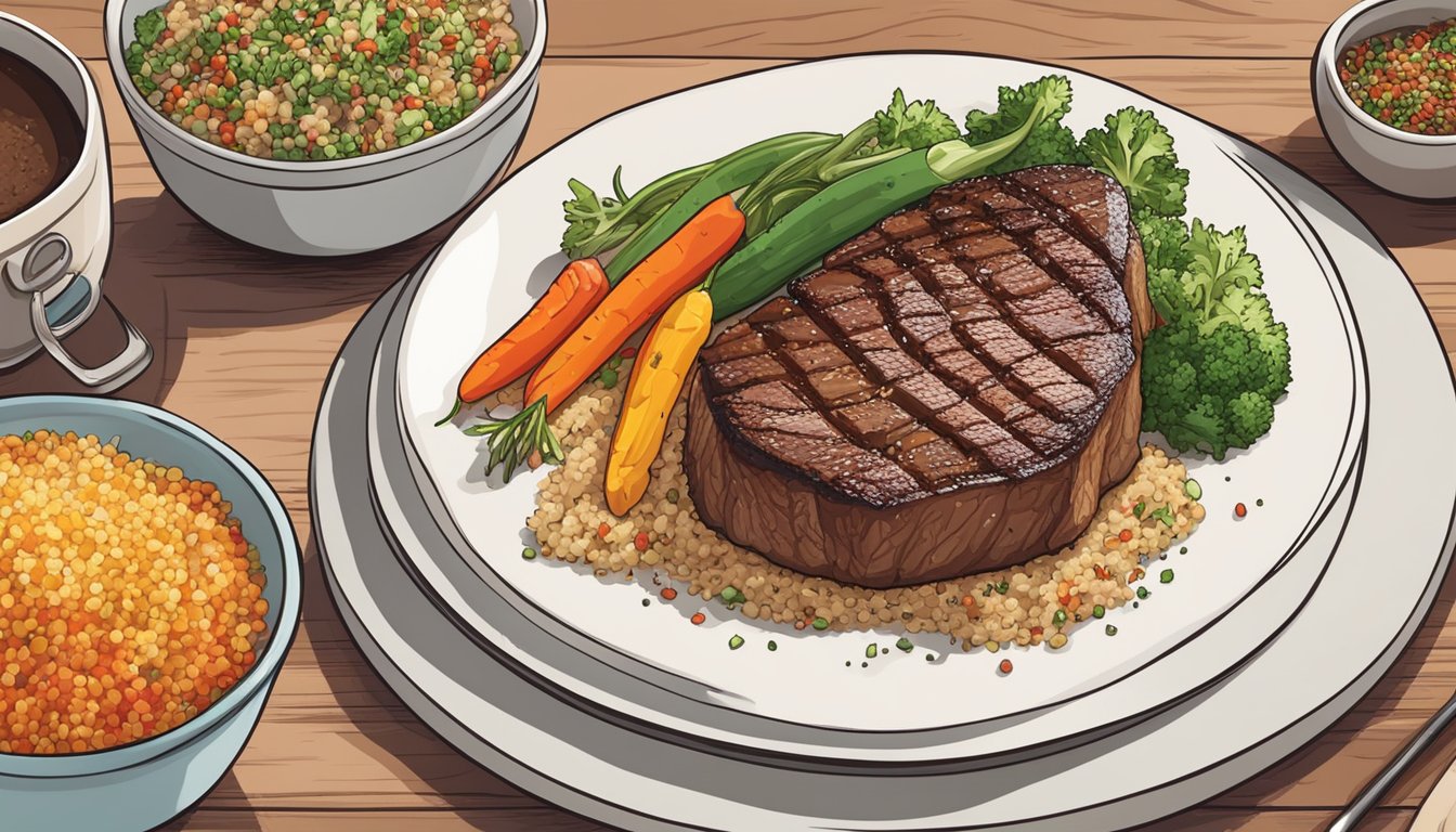 A sizzling fire-grilled steak sits on a plate, surrounded by colorful vegetables and a side of quinoa