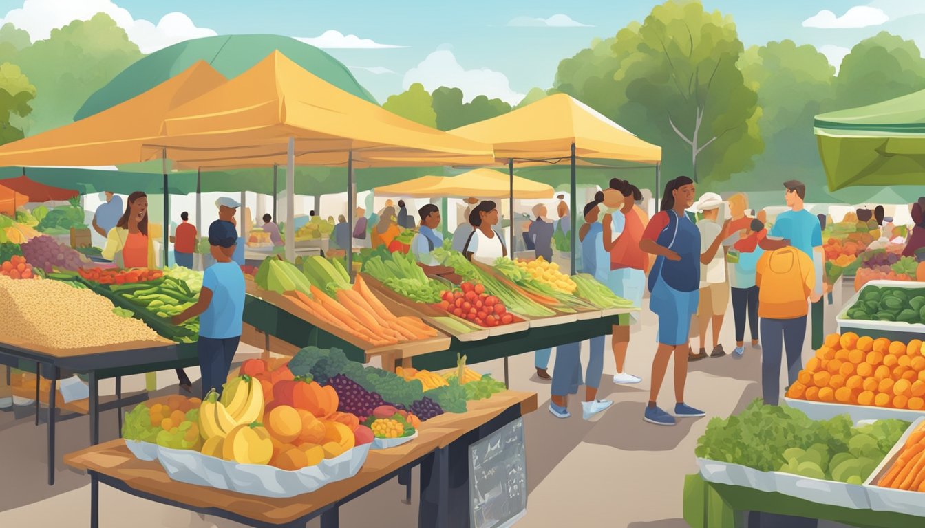 A vibrant farmers market with colorful fruits, vegetables, and whole grains on display, while people happily browse and make healthy food choices