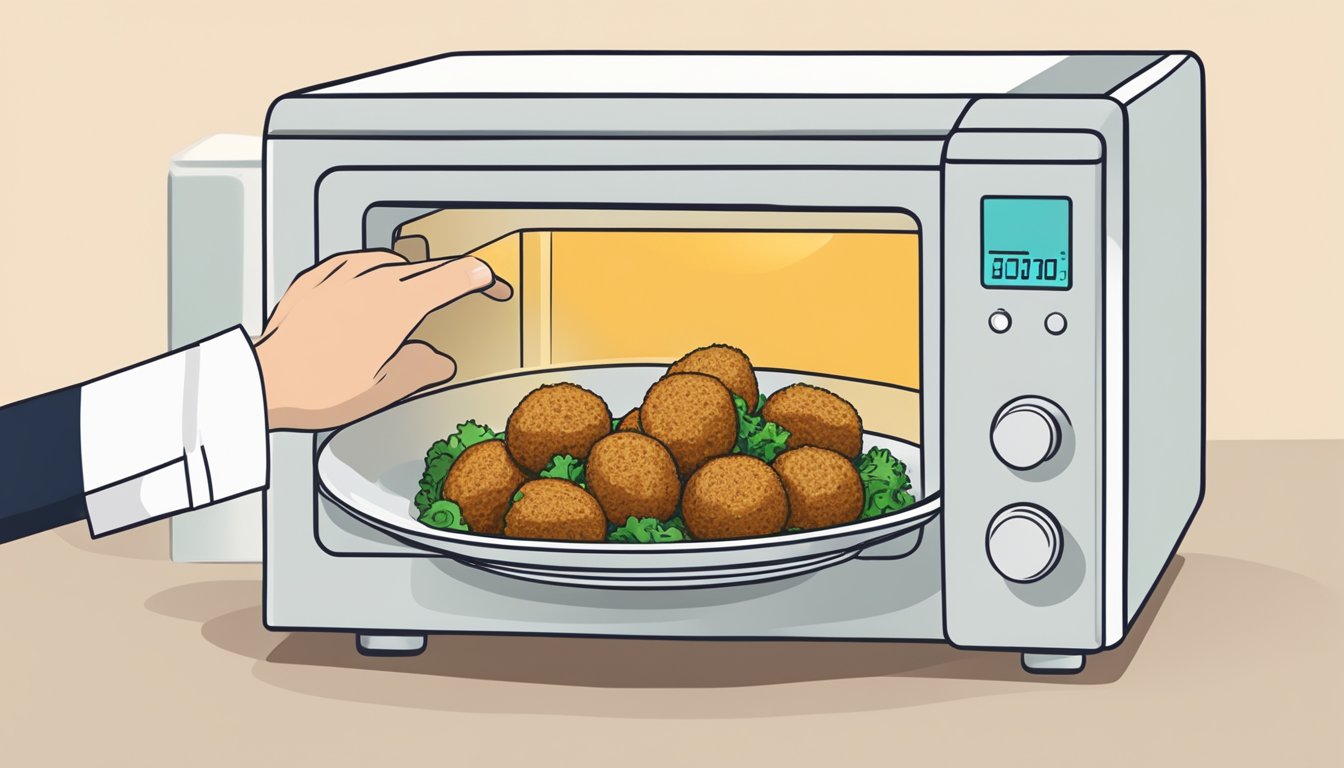 A plate of falafel being heated in a microwave. A timer set for 30 seconds. A hand reaching for a serving dish