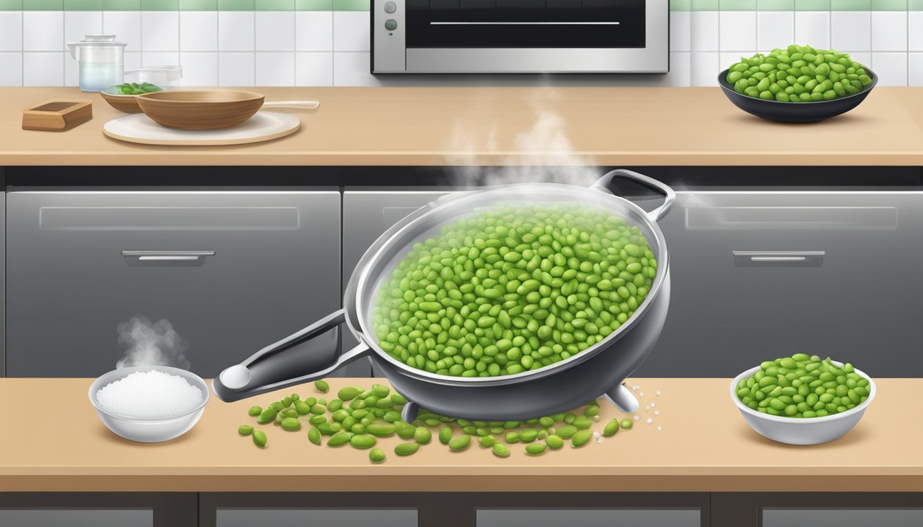 Edamame pods in a pot of boiling water, steam rising. Timer set on the counter. Bowl of salt nearby