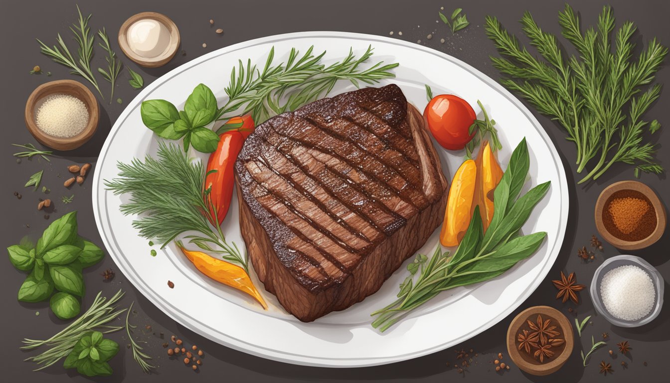 A sizzling fire-grilled steak sits on a clean, white plate surrounded by fresh herbs and spices. A food safety label with expiration date is visible