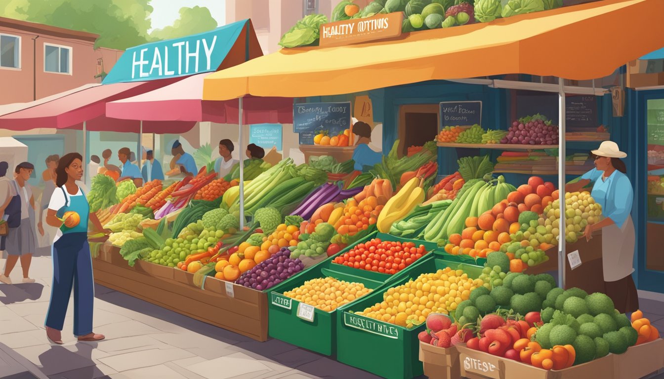 A colorful array of fresh fruits and vegetables fills a vibrant market stall, surrounded by signs advertising "healthy options" and "sustaining a healthy lifestyle."