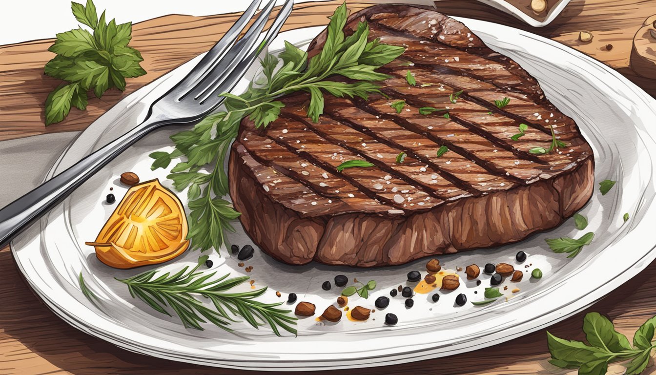 A sizzling grilled steak sits on a clean, white plate surrounded by fresh herbs and spices. The steak is perfectly cooked, with grill marks visible on its surface