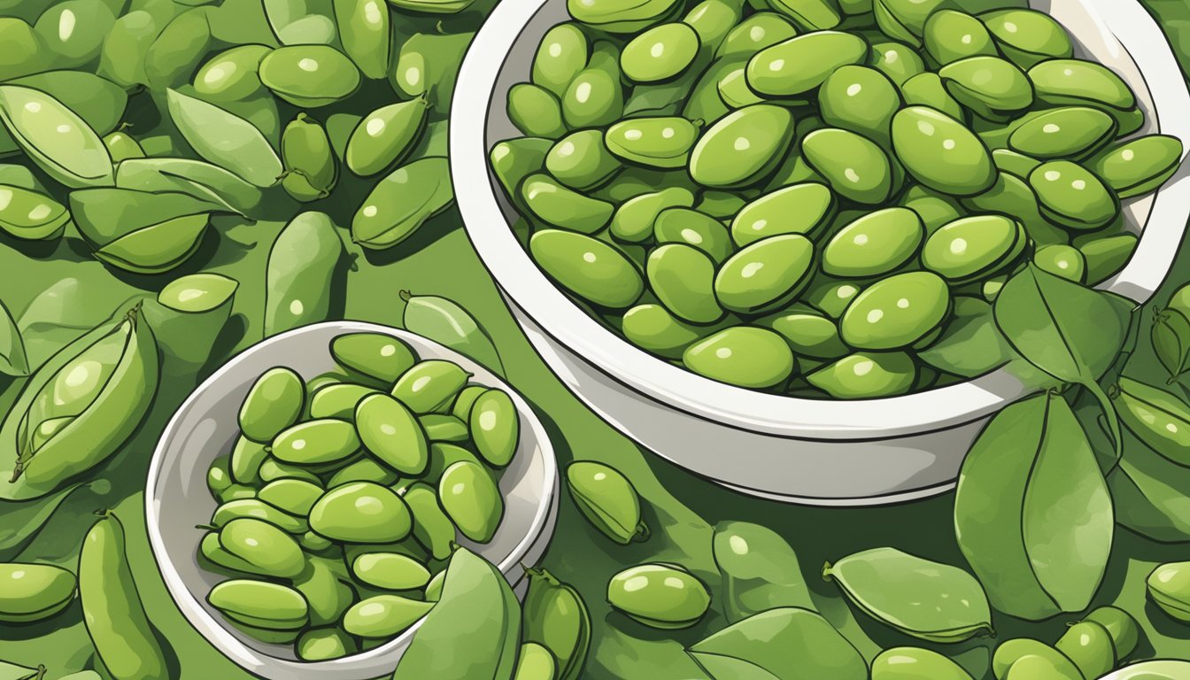 A bowl of edamame sits on a kitchen counter, surrounded by scattered pods. A few pods are open, revealing the bright green soybeans inside