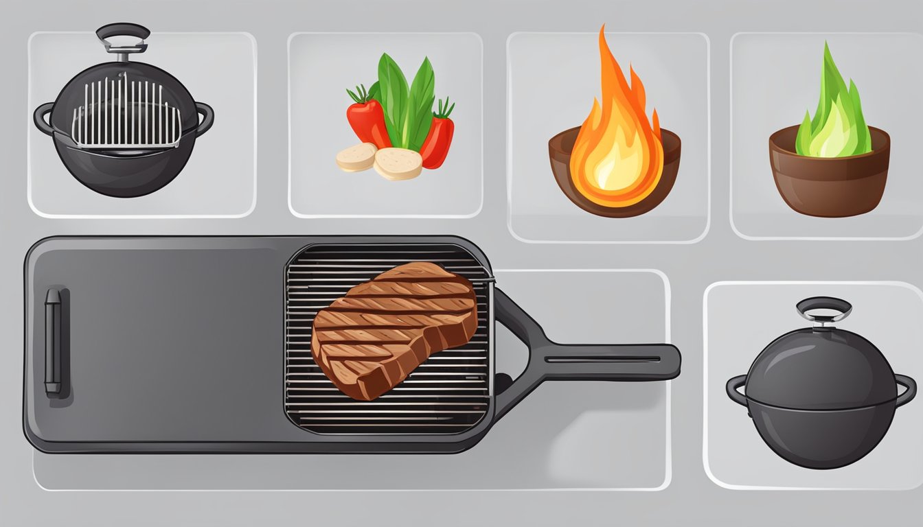 A sizzling fire grilling a juicy steak, with a timer showing the duration of safe consumption