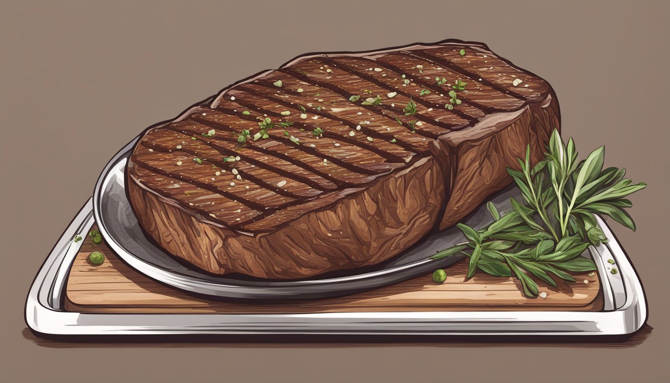 A sizzling fire grill with a perfectly cooked steak, surrounded by fresh herbs and seasonings, ready to be served