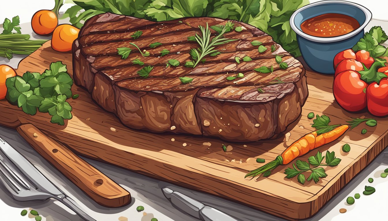 A sizzling fire-grilled steak sits on a wooden cutting board, surrounded by fresh herbs and colorful vegetables, with a steaming plate ready for serving