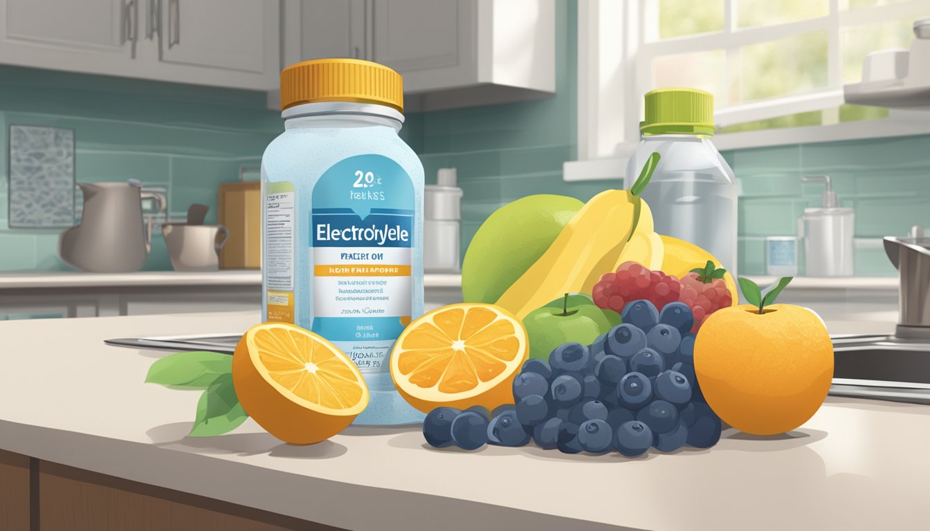 A jar of electrolyte powder sits on a kitchen counter, surrounded by fresh fruit and a water bottle. The label on the jar indicates an expiration date two years from the current date