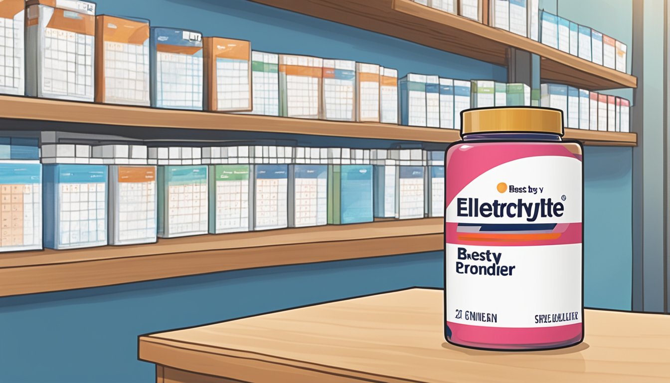 A sealed container of electrolyte powder sits on a shelf next to a calendar, with a "best by" date circled in red