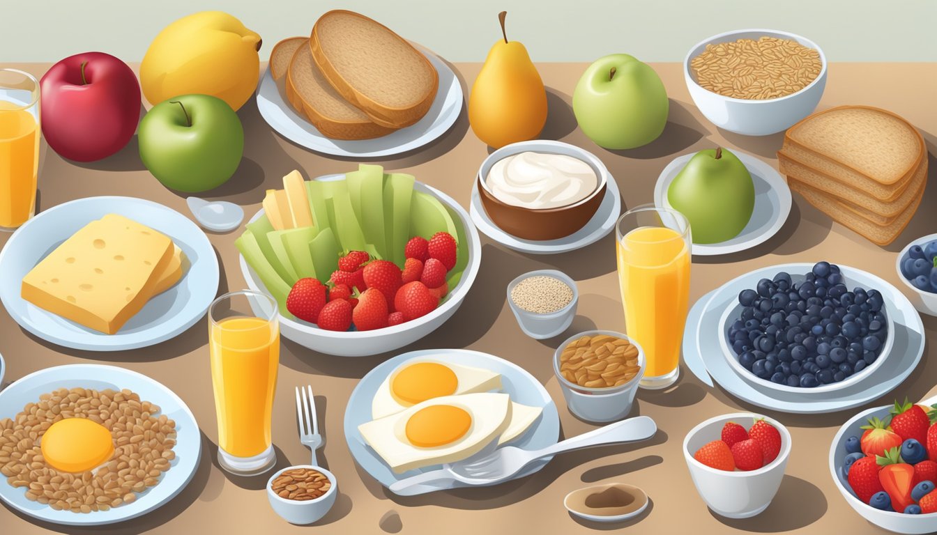 A table set with a variety of healthy breakfast options, including fruits, whole grains, and dairy products, with a focus on nutritional needs