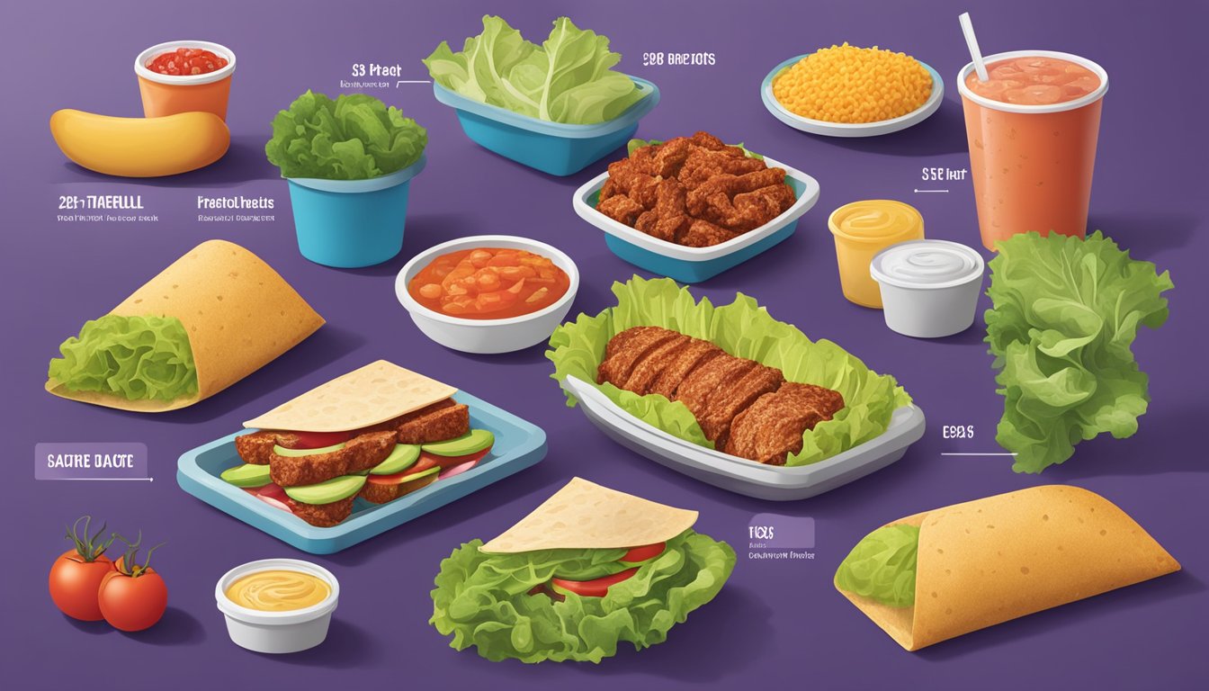 A colorful spread of fresh ingredients like lettuce, tomatoes, and lean meats displayed next to a calorie chart and nutritional information at a Taco Bell restaurant