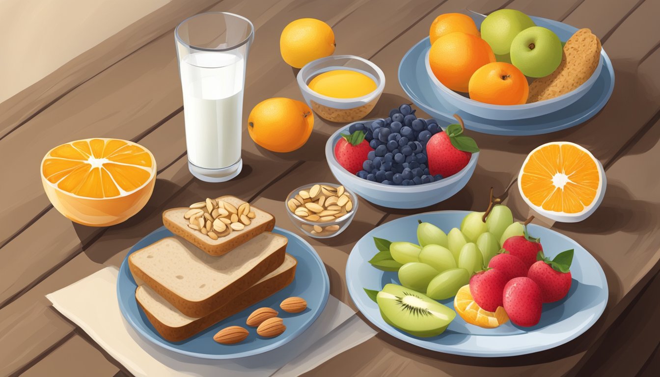 A table set with a variety of colorful fruits, whole grain bread, yogurt, and nuts, with a glass of fresh orange juice