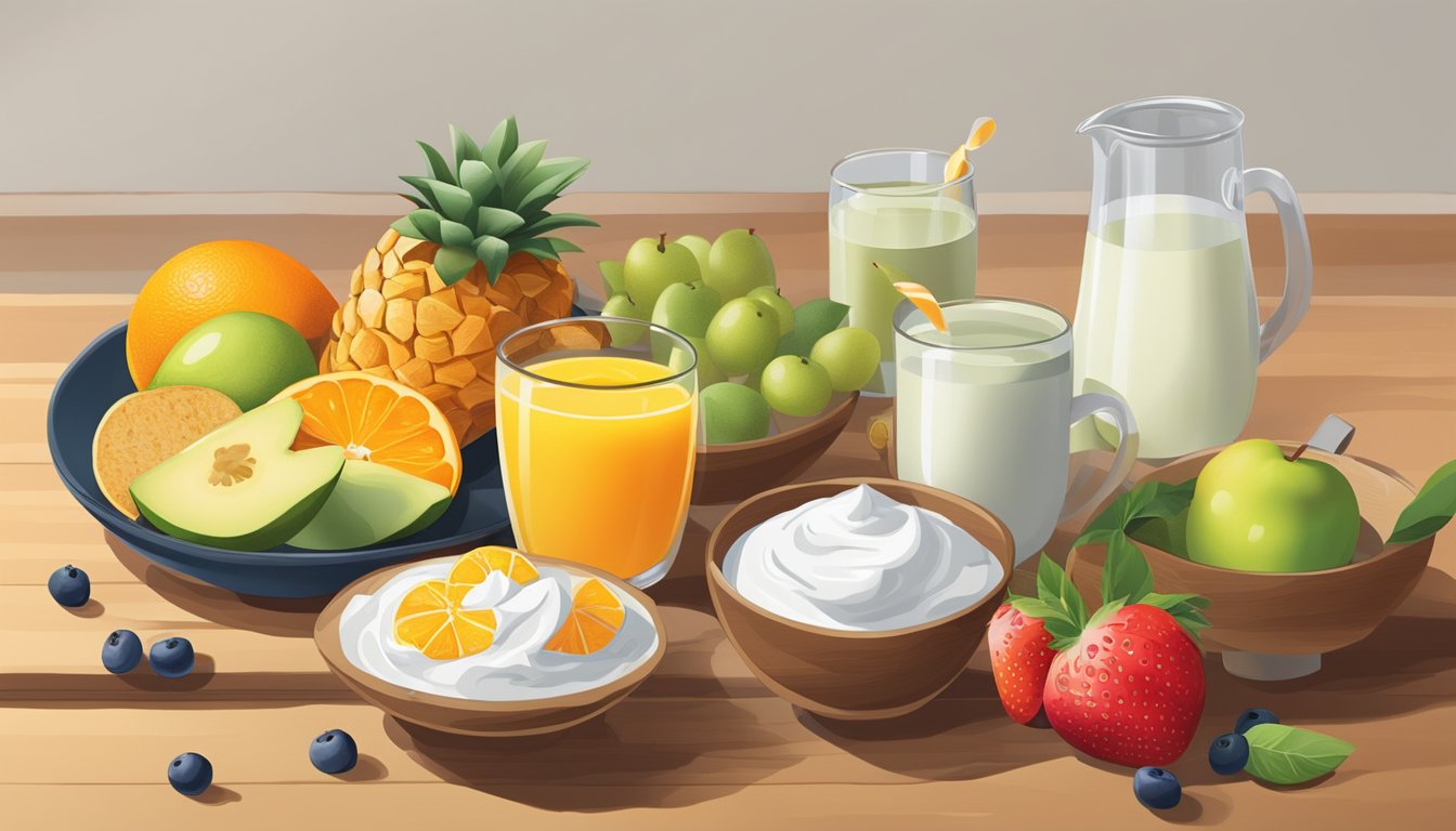 A colorful array of fresh fruits, whole grain bread, and yogurt arranged on a table, with a glass of orange juice and a pot of green tea nearby