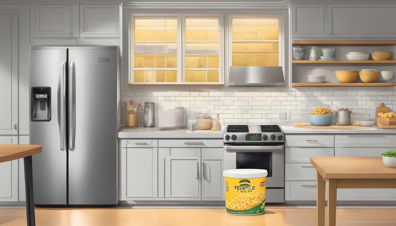 A bowl of truffle parmesan mac and cheese sits on a kitchen counter next to a refrigerator. The packaging with storage guidelines is visible