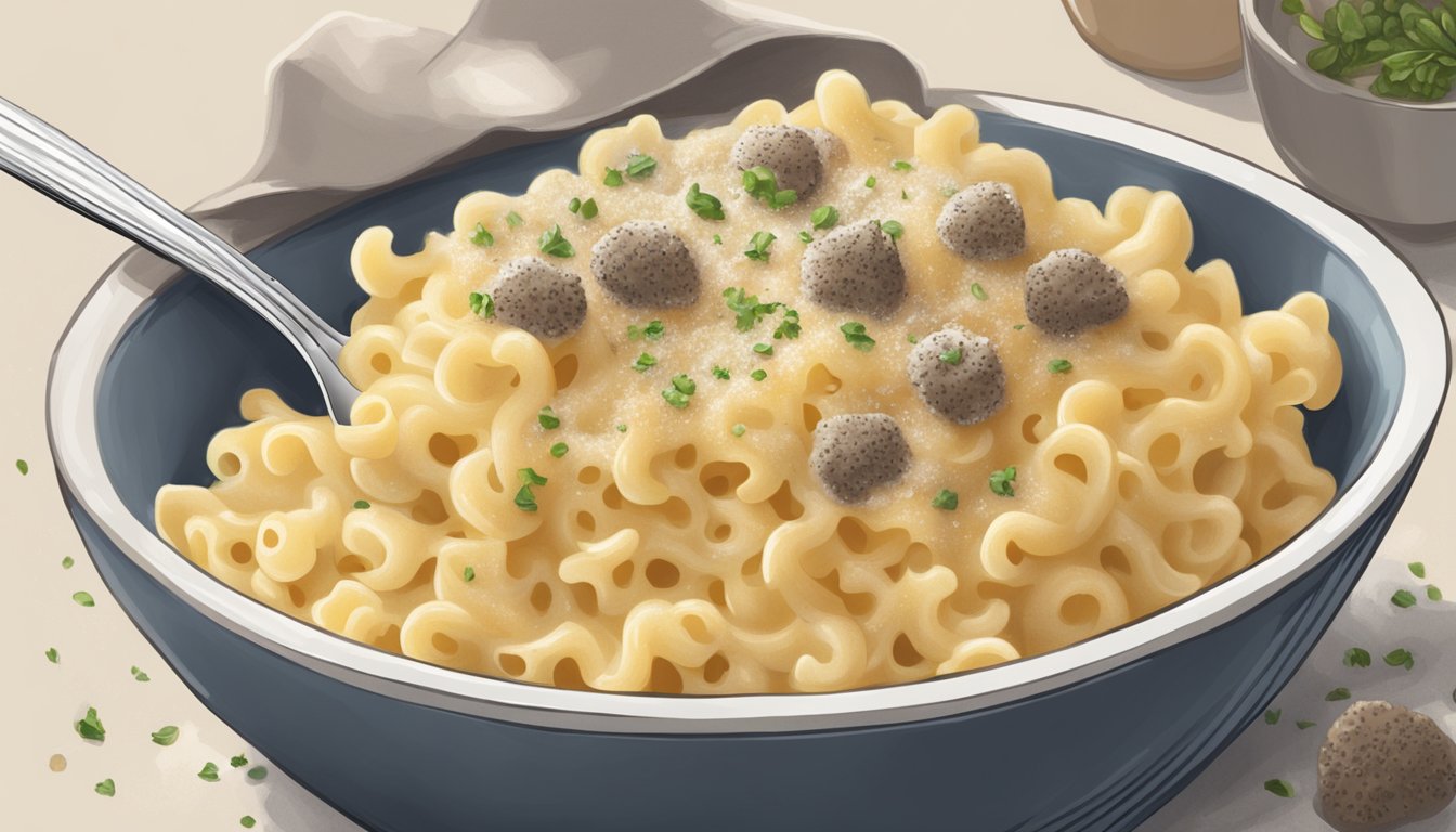 A steaming bowl of truffle parmesan mac and cheese with a fork resting on the side