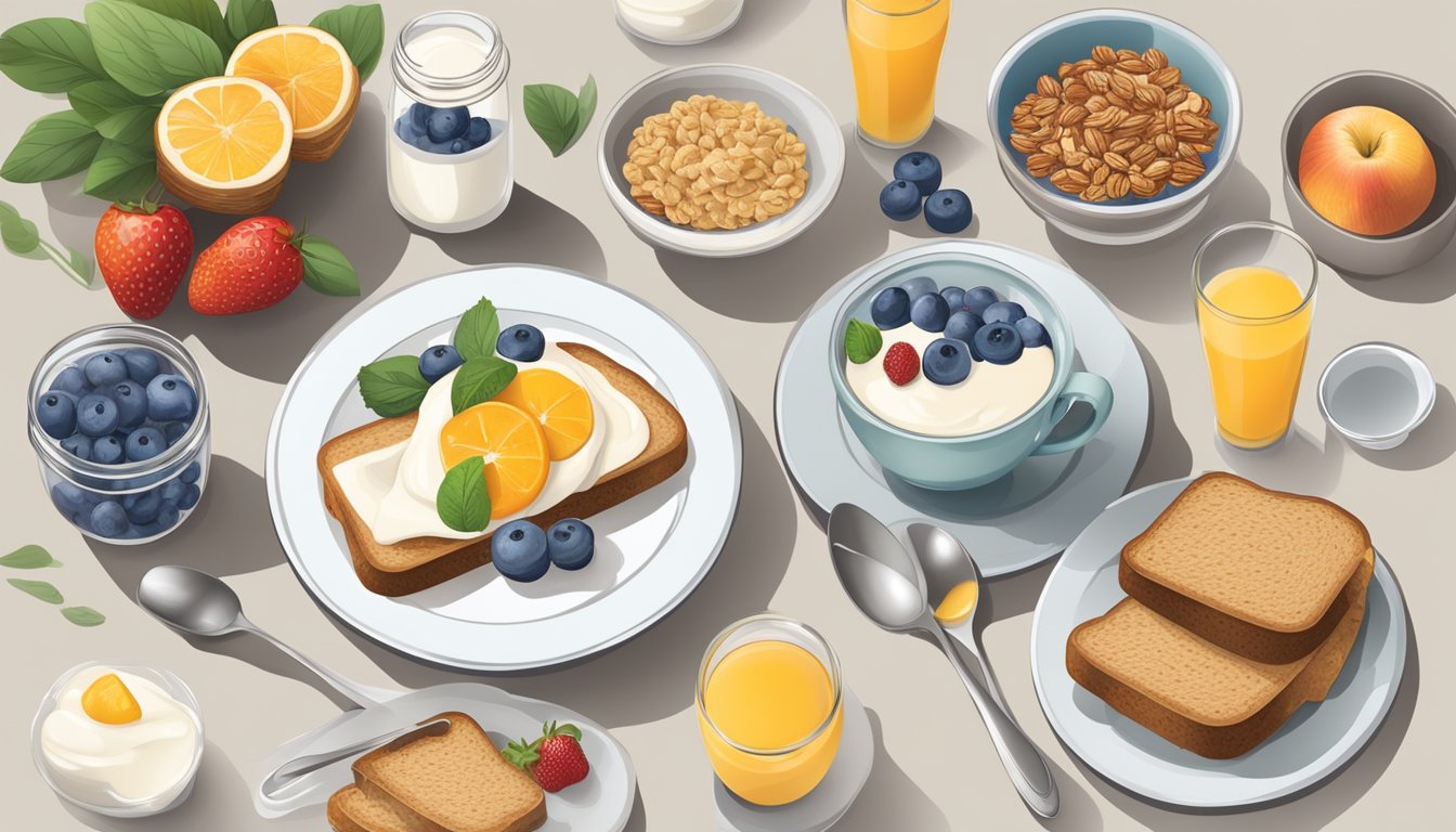 A table set with a variety of healthy breakfast options, including fruits, yogurt, granola, and whole grain toast, ready for someone on the go