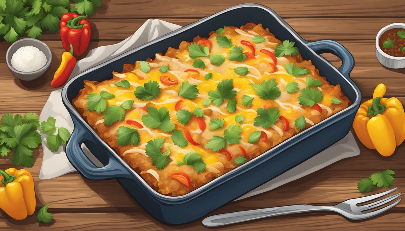 A steaming Evol Chicken Enchilada Bake sits on a rustic wooden table, surrounded by colorful peppers and a sprinkle of fresh cilantro