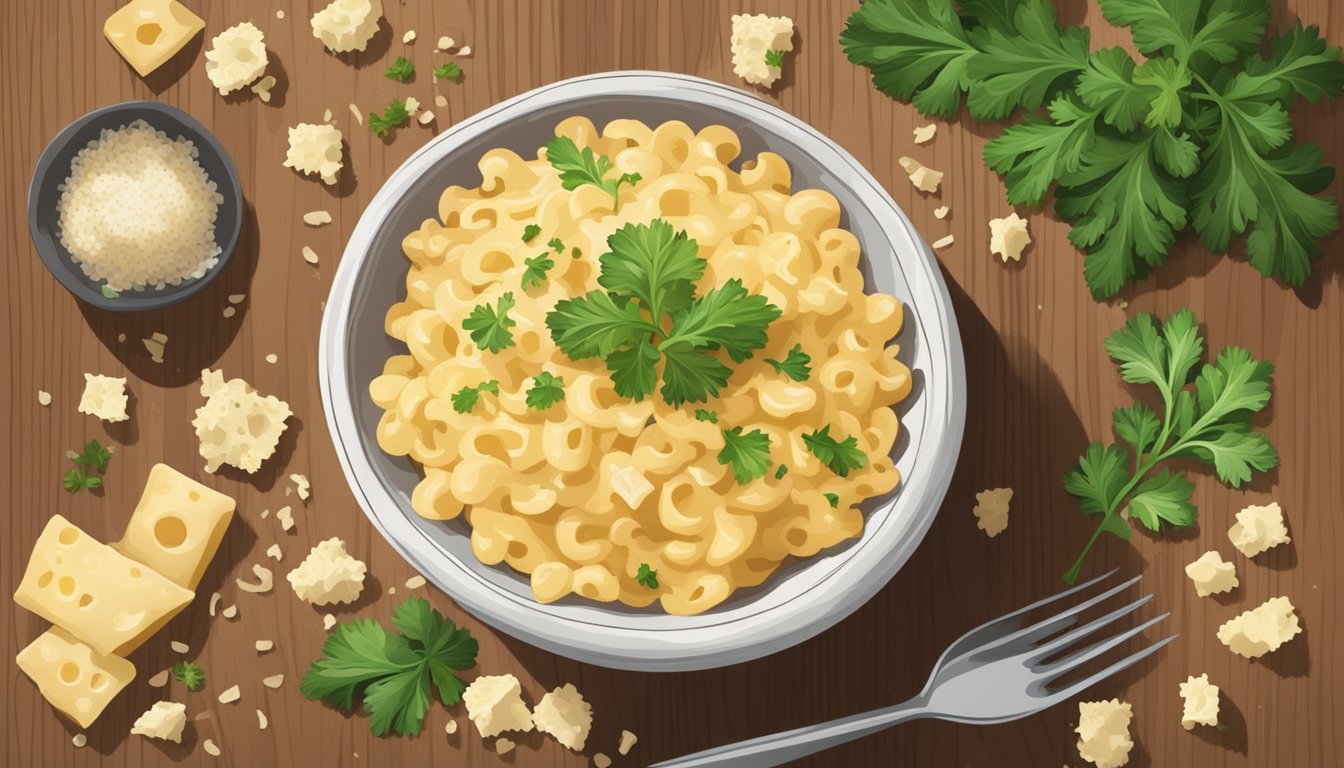 A steaming bowl of truffle parmesan mac and cheese sits on a rustic wooden table, surrounded by scattered truffle shavings and a sprinkling of fresh parsley