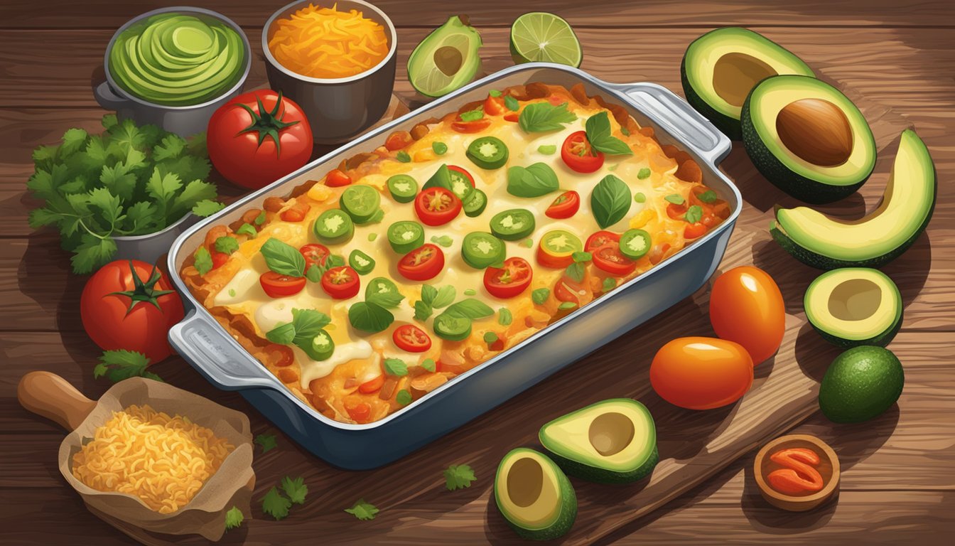 A steaming chicken enchilada bake sits on a rustic wooden table, surrounded by vibrant ingredients like tomatoes, peppers, and avocados