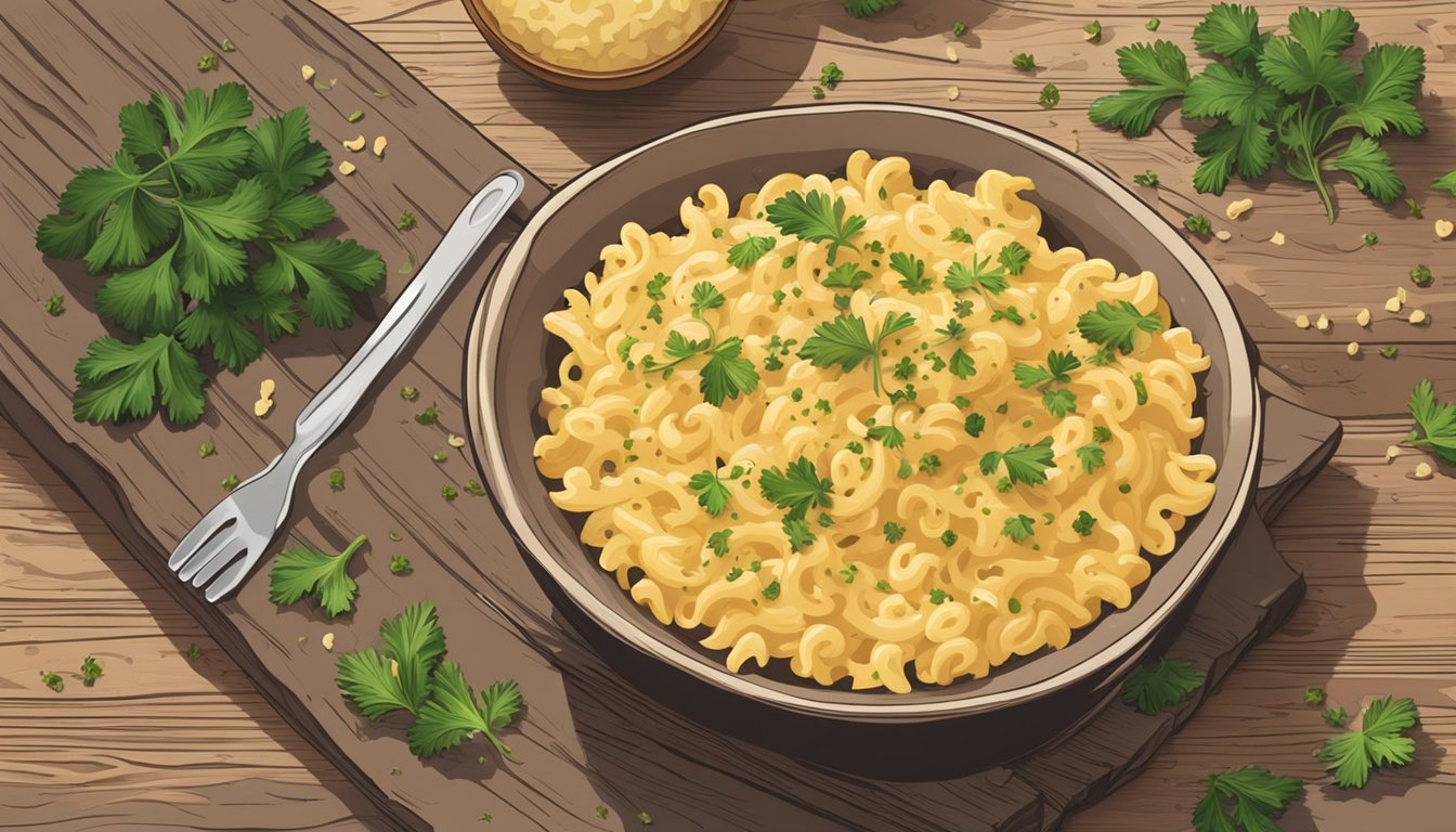 A bowl of Evol truffle parmesan mac and cheese sits on a rustic wooden table, surrounded by scattered truffle shavings and a sprig of fresh parsley