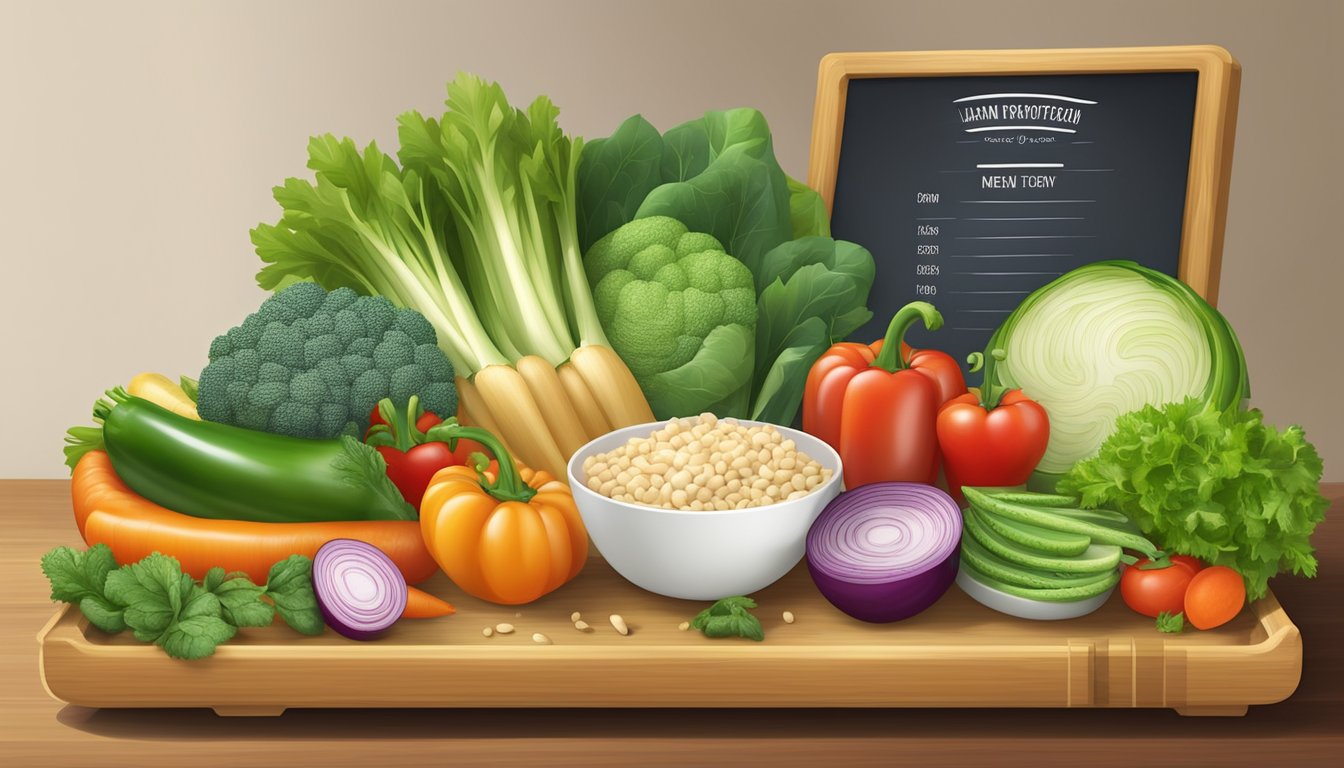 A colorful array of fresh vegetables and lean proteins displayed on a bamboo serving tray, with a menu board in the background