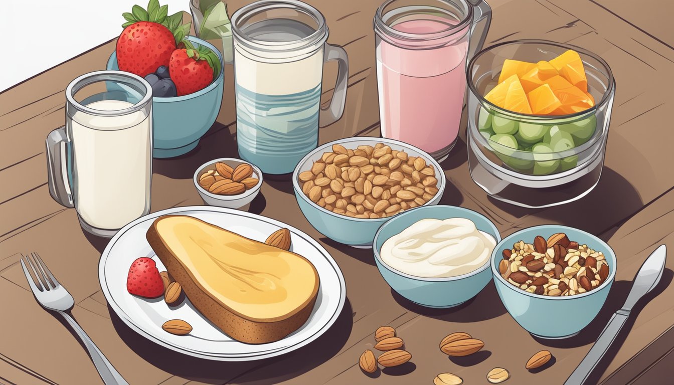 A table with a variety of low-sugar breakfast options: yogurt, fruit, nuts, and whole grain toast, ready for a quick and healthy on-the-go meal