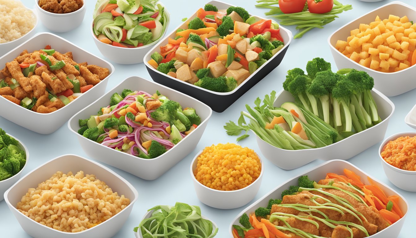 A colorful display of fresh vegetables and lean protein options at Panda Express, with vibrant signage showcasing healthy entrees