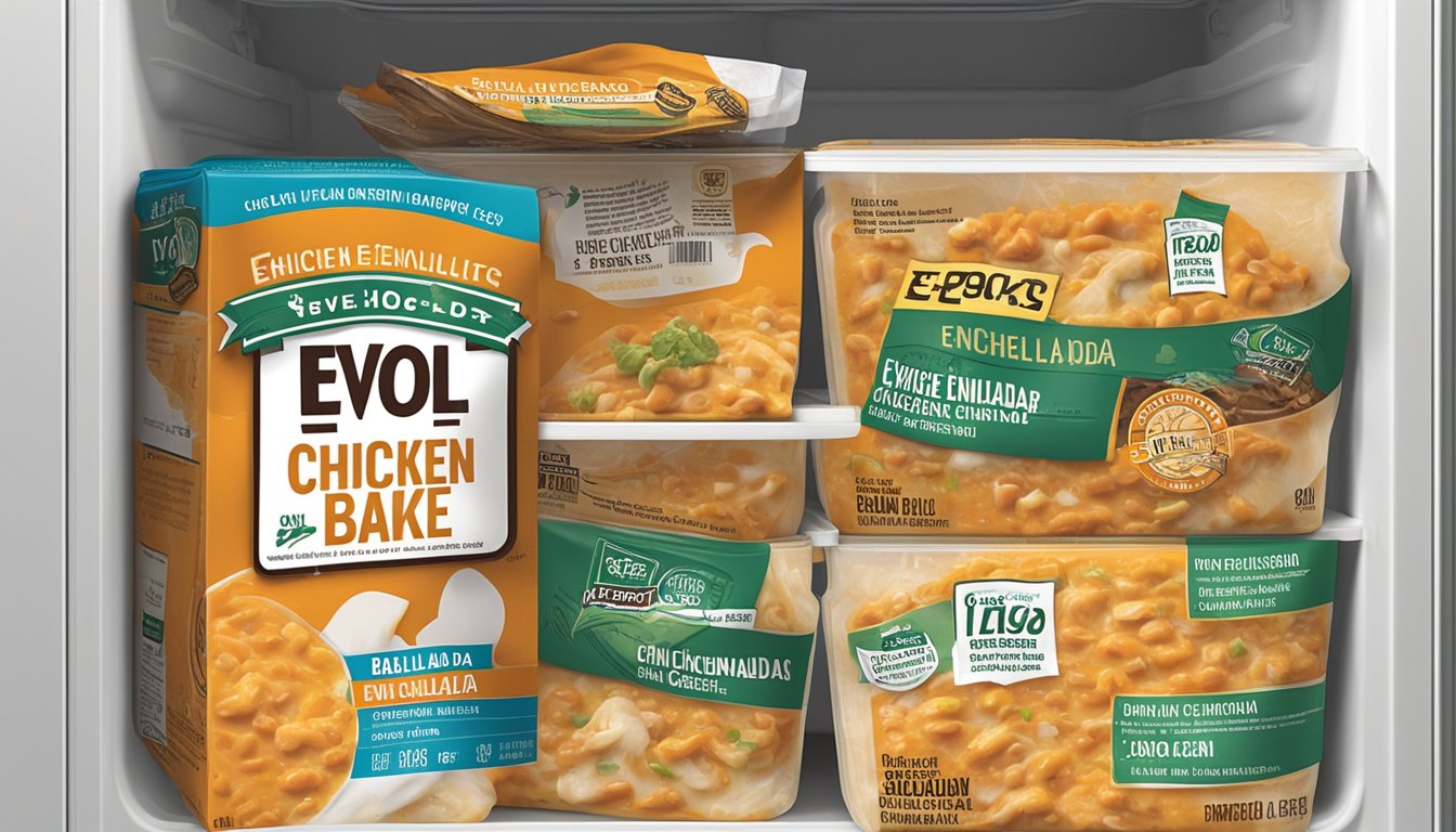 A sealed package of Evol chicken enchilada bake sits in a refrigerator, with a "use by" date clearly visible on the label