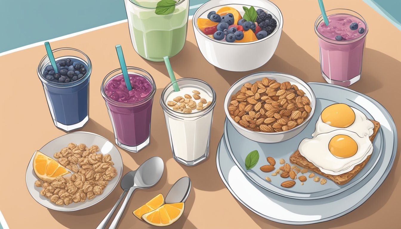 A breakfast table with dairy-free options: almond milk, soy yogurt, fruit smoothies, and granola bars