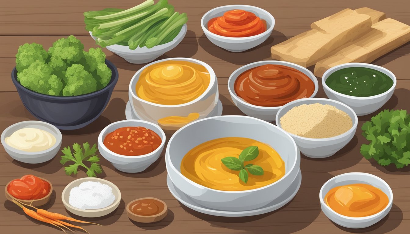 Various colorful sauces and seasonings arranged neatly on a table, with fresh vegetables and lean proteins in the background