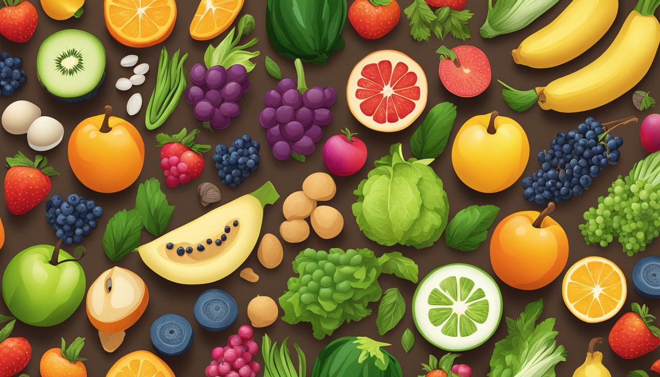 A colorful array of fresh fruits, vegetables, whole grains, and lean proteins arranged on a wooden cutting board