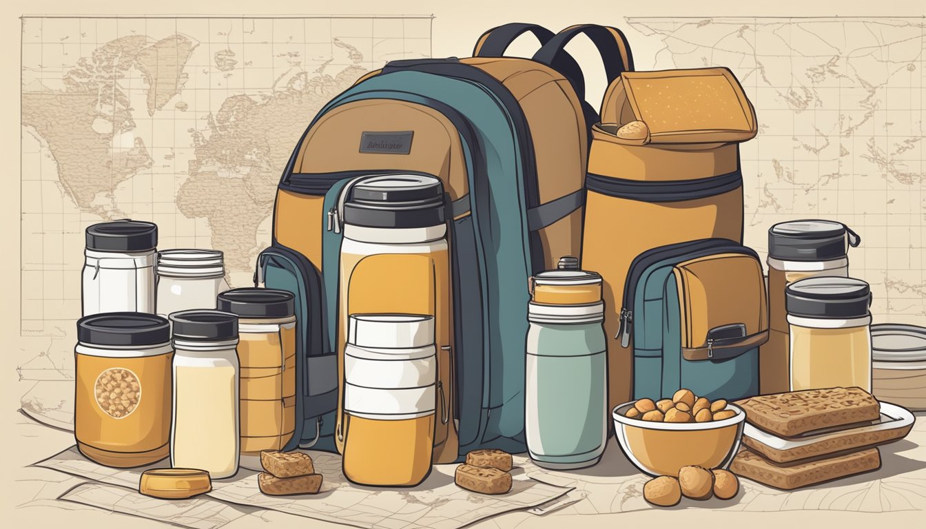 A backpack with a variety of fruits, granola bars, and a thermos of yogurt, surrounded by a map and travel-sized containers of peanut butter and honey