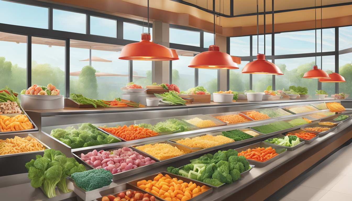 A colorful array of fresh vegetables and lean proteins displayed in a well-lit dining area at Panda Express