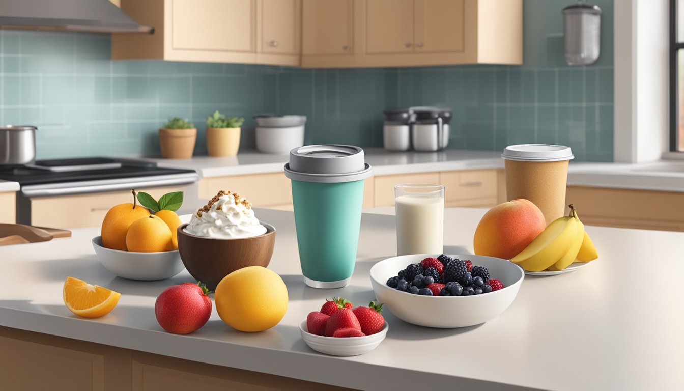 A kitchen counter with a variety of fresh fruits, granola, yogurt, and a to-go cup of coffee