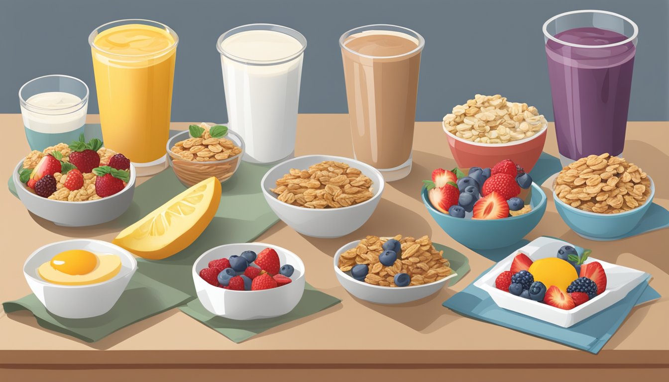 A table displays a variety of breakfast items: homemade granola bars, fresh fruit, and yogurt vs. store-bought cereal bars, packaged fruit cups, and pre-made smoothies