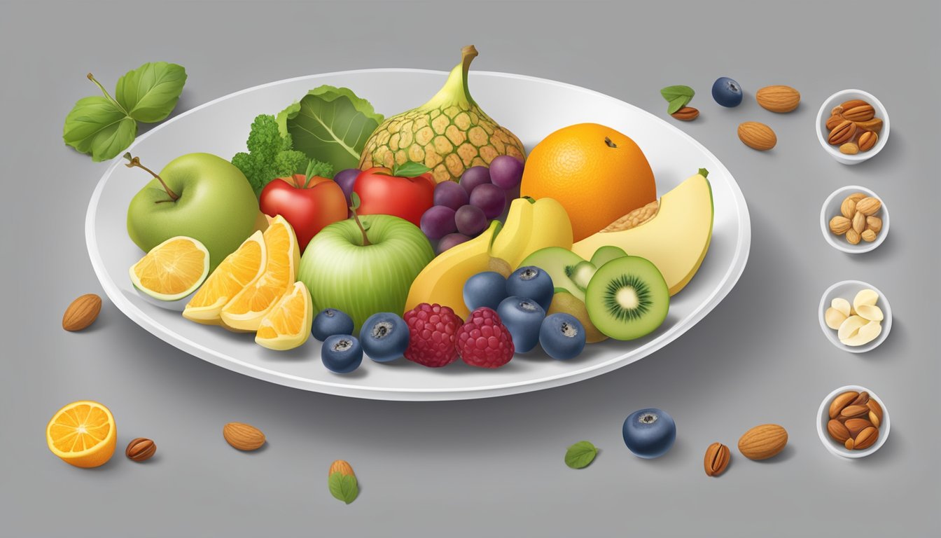 A balanced plate with measured portions of fruits, nuts, and vegetables