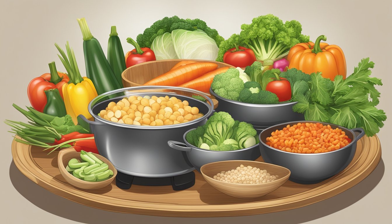 A colorful array of fresh vegetables and lean proteins arranged on a bamboo serving tray, with a steaming wok in the background