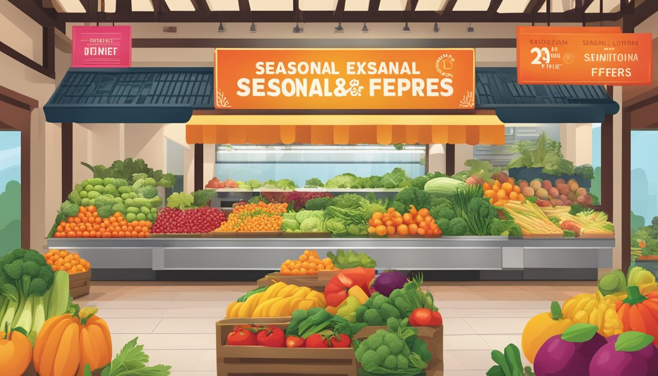 A colorful display of fresh fruits and vegetables arranged in a market-style setting, with a sign indicating "Seasonal and Limited-Time Offers" at Panda Express