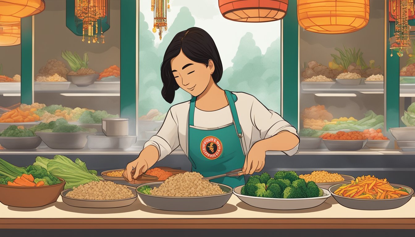 A person selecting steamed vegetables and grilled chicken at Panda Express, with a side of brown rice, while surrounded by colorful Asian-inspired decor