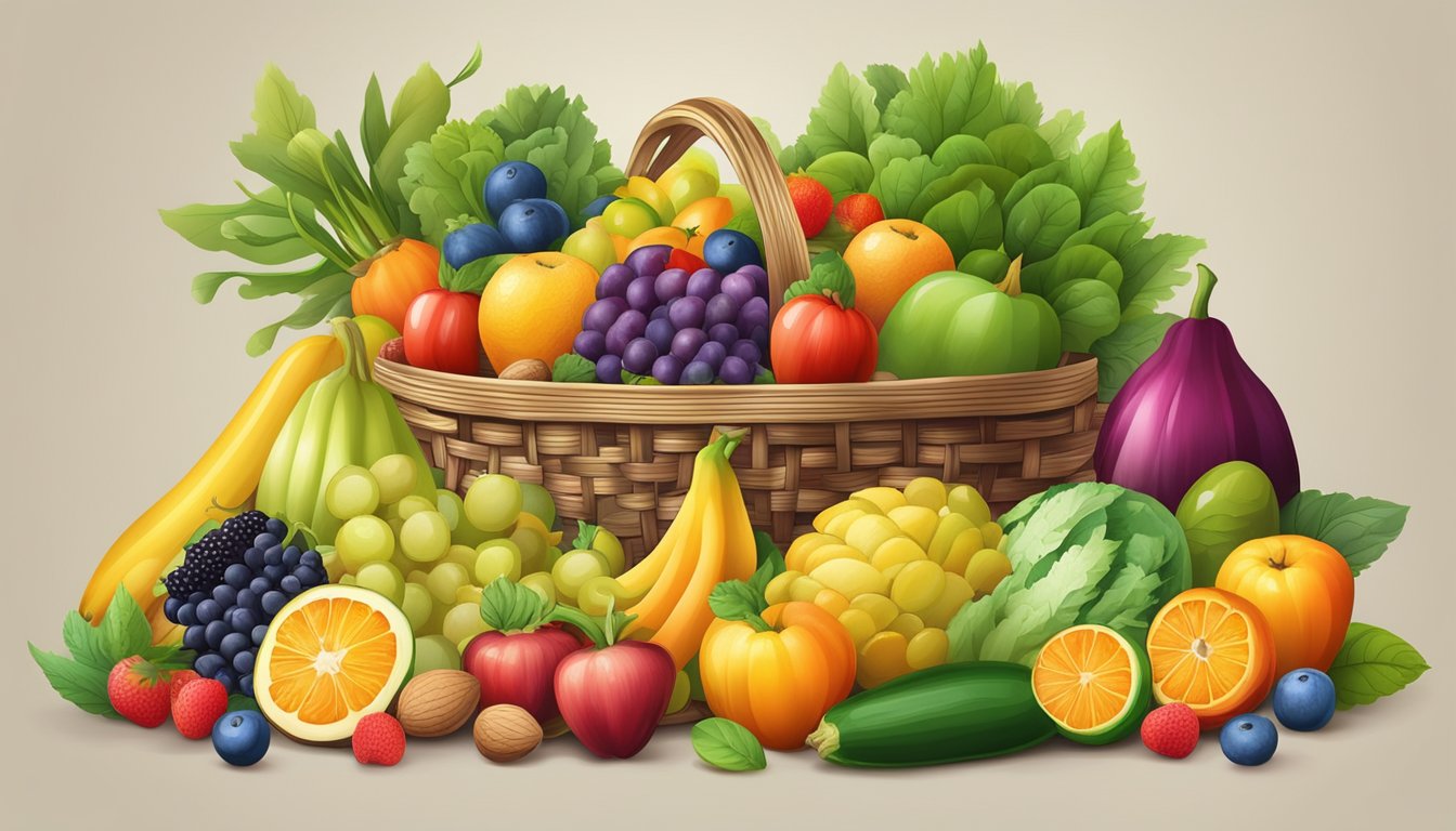 A colorful array of fresh fruits and vegetables arranged in a woven basket, surrounded by nuts and seeds in small dishes