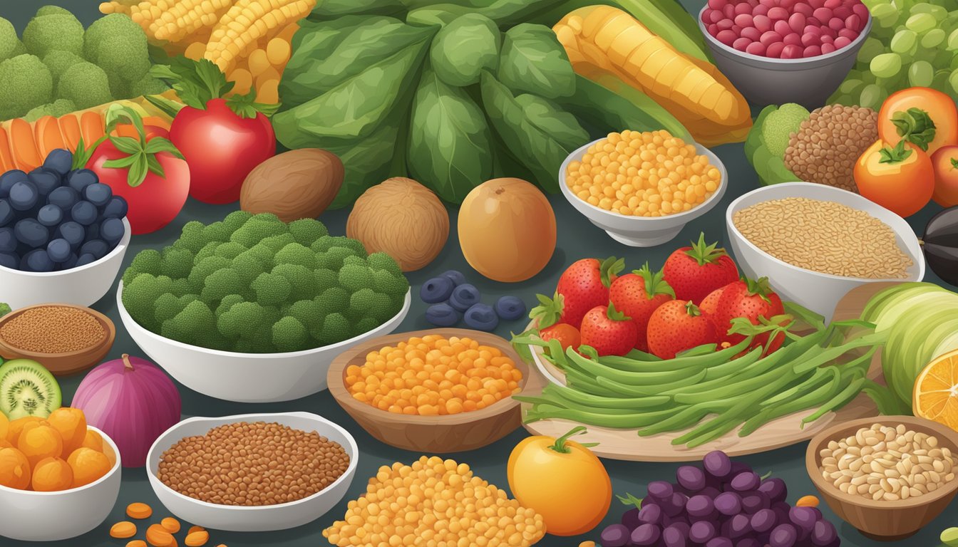 A table set with a colorful array of fiber-rich foods, including fruits, vegetables, whole grains, and legumes