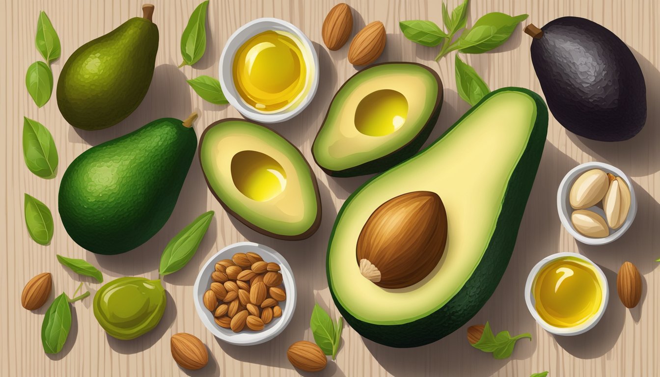 A colorful array of avocados, nuts, and olive oil on a wooden table, surrounded by vibrant vegetables and whole grains