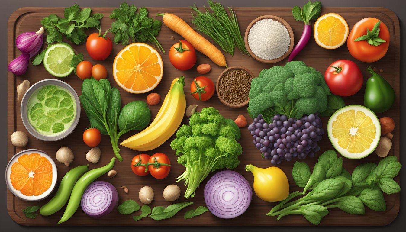 A colorful array of fresh vegetables, fruits, and lean proteins arranged on a wooden cutting board, with various herbs and spices scattered around