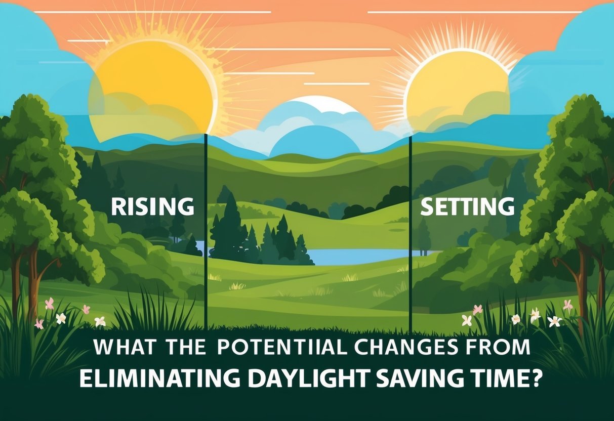 The sun rising and setting at different times over a landscape, indicating the potential changes from eliminating daylight saving time