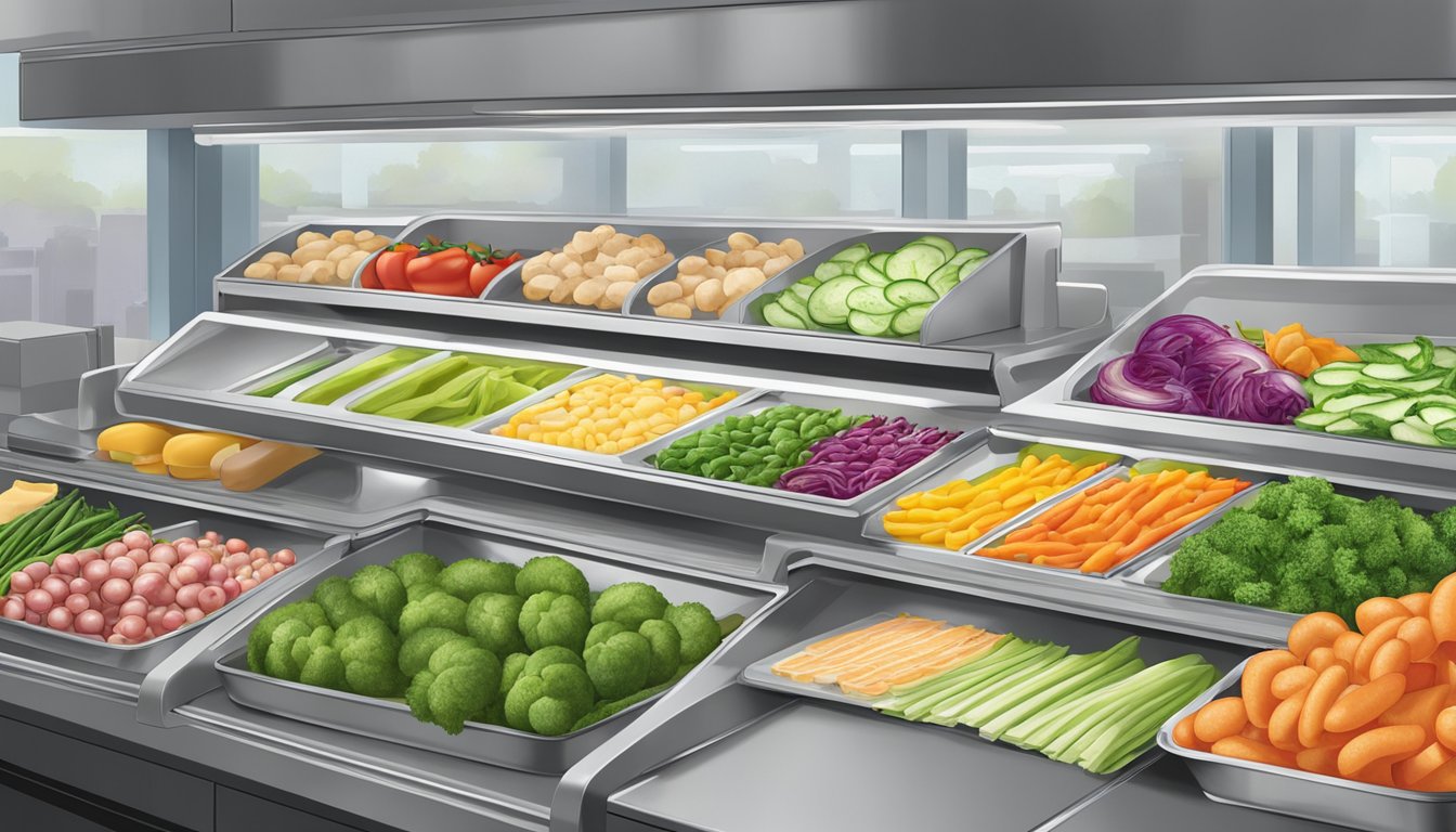 A colorful array of fresh vegetables and lean proteins arranged on a Subway sandwich artist's workstation